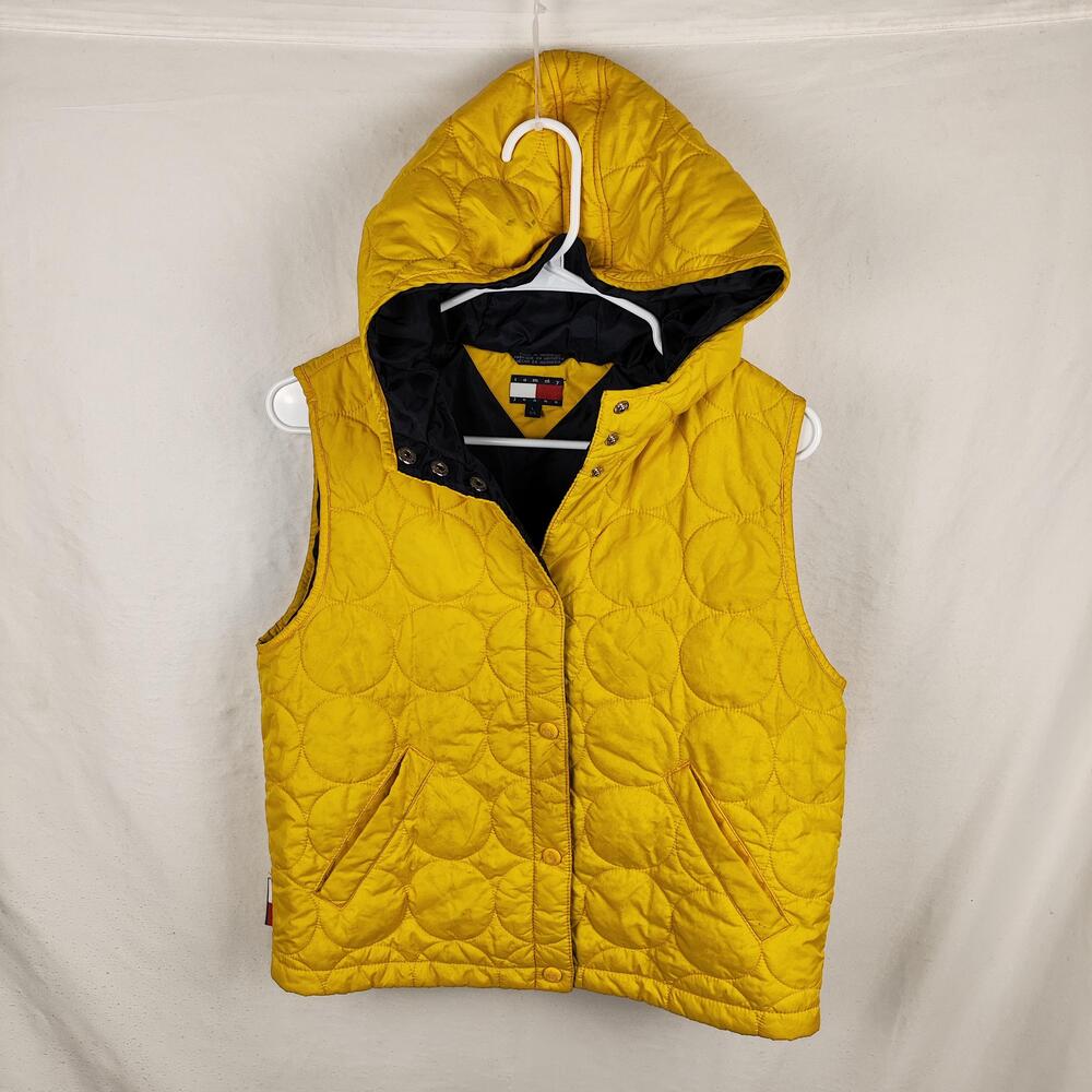 Tommy Jeans Vest Womens Large Yellow Quilted Puffer Hooded Snap Pockets Logo